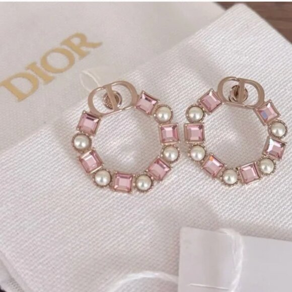 Christian Dior Petit CD w/Pink Crystal & Pearl Round Earrings - Picture 6 of 8